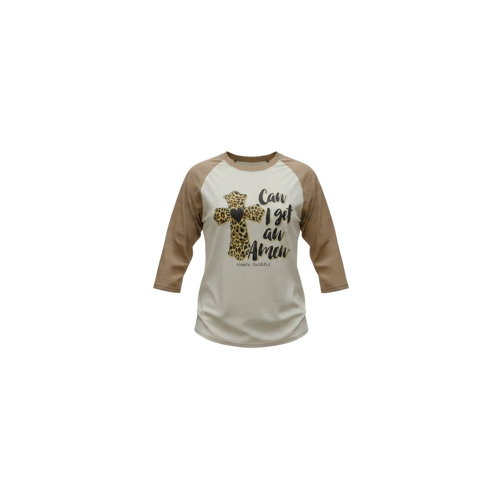 Simply Faithful Raglan Tee Womens Small Tan Cream New Leopard Cross Amen Graphic